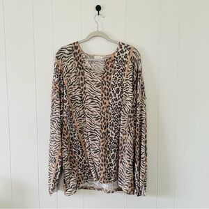 Animal Print V-Neck Long Sleeve Top - Neutral Leopard & Zebra